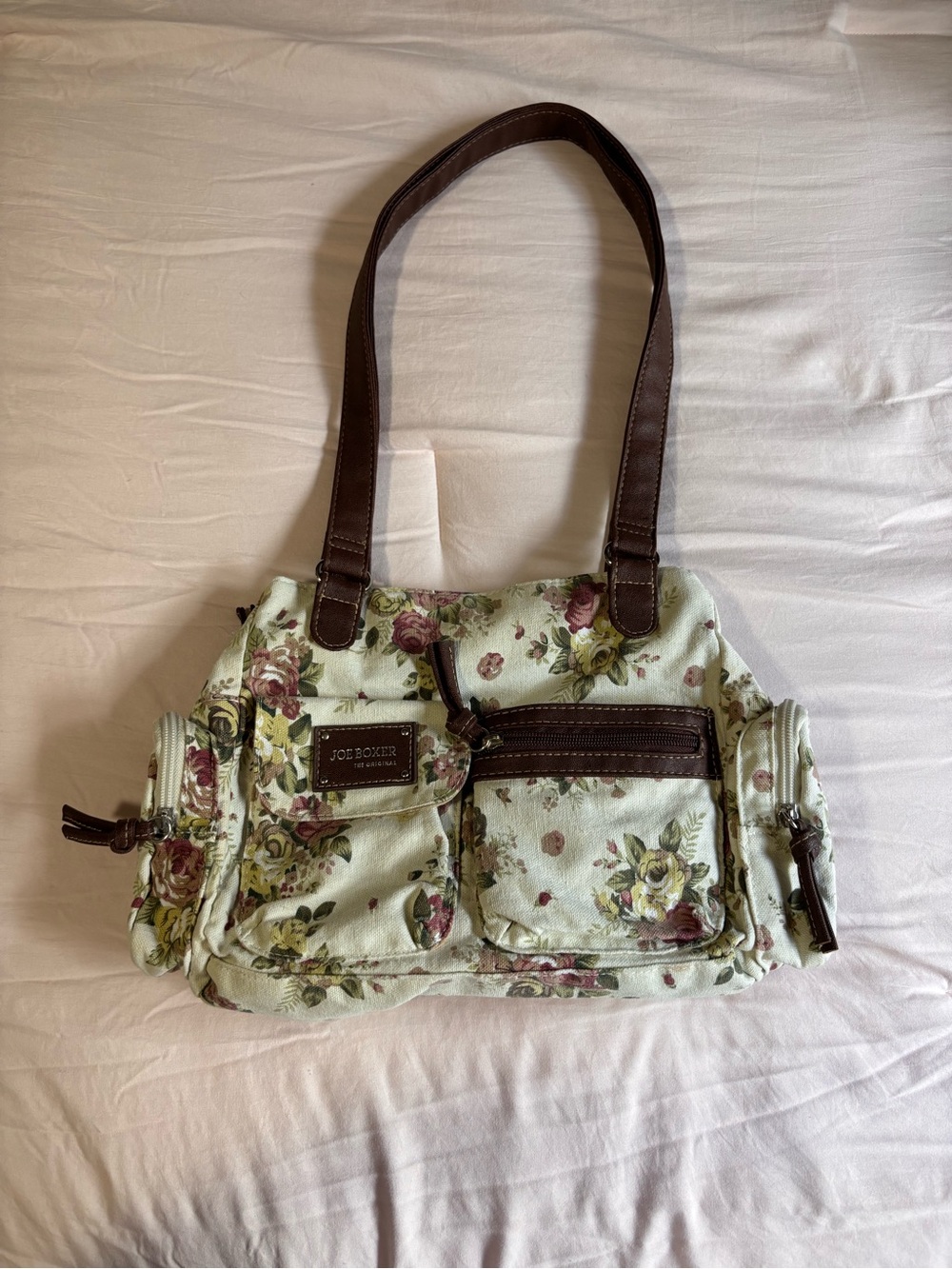 Joe Boxer Floral Shoulder Bag in Cream and Brown Trim